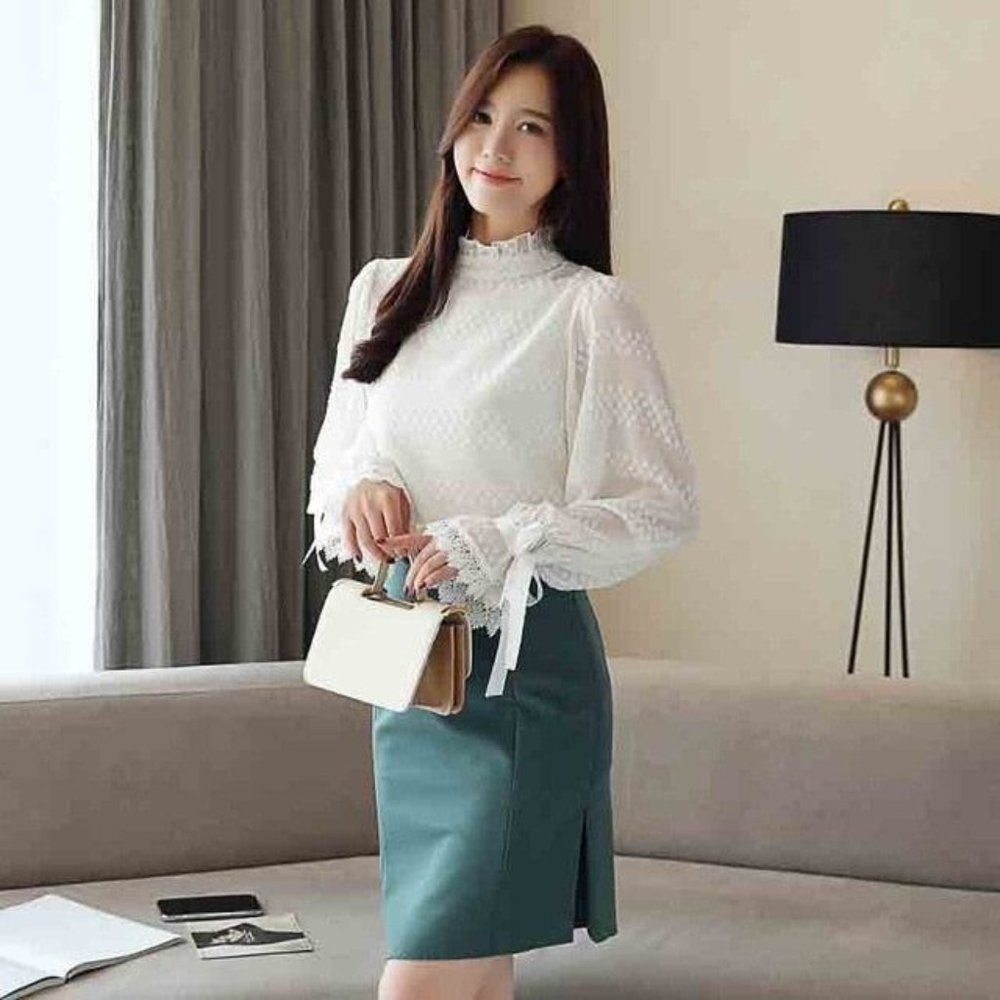 2019 New Arrival Spring Korean Women Lace Polka Dot Stand Chiffon Blouse Flare S